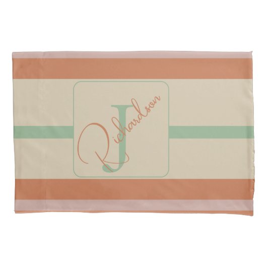 Custom Coral Sage Stripe Monogram Boho Pastel Chi Kussensloop (Voorkant)