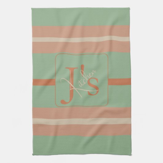 Custom Coral Sage Stripe Monogram Boho Pastel Chi Theedoek (Verticaal)