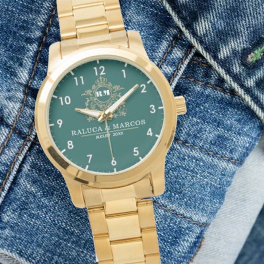 Custom couple floral names monogram green horloge