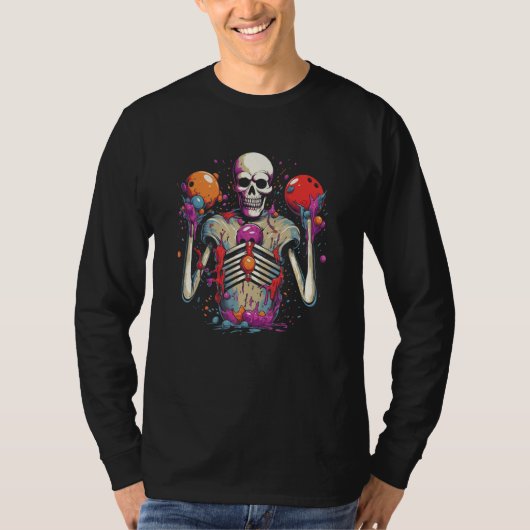 Custom Creepy Eerie Fun Skeleton And Bowlin Balls  T-shirt (Voorkant)