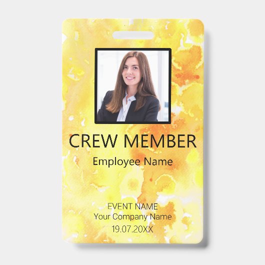 Custom Crew Member Barcode Event Yellow Badge (Voorkant)