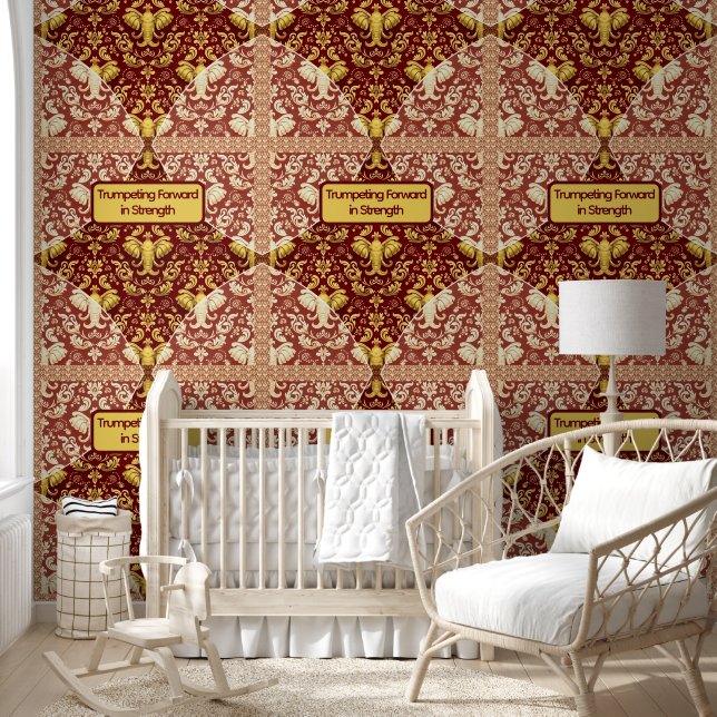 Custom Crimson Red & Gold Elephant Wall Covering Behang (Kinderen)