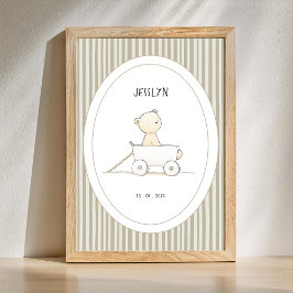Custom Cute Bear in Car Nursery Name Date Poster