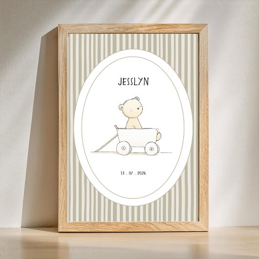 Custom Cute Bear in Car Nursery Name Date Poster