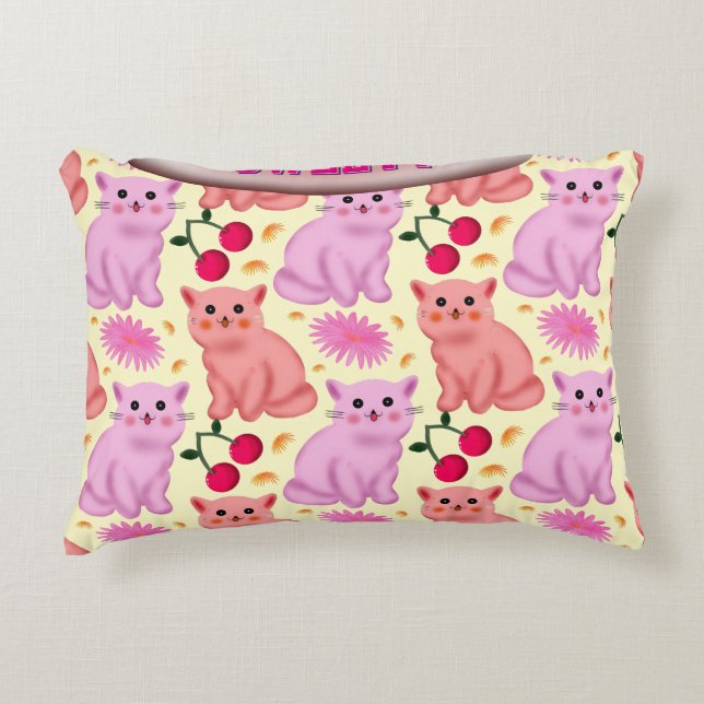 Custom Cute Cat Cherry Floral Pattern Accent Kussen (Voorkant)