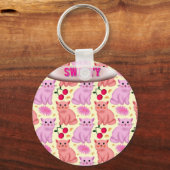 Custom Cute Cat Cherry Floral Pattern Sleutelhanger (Voorkant)