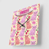 Custom Cute Cat Cherry Floral Pattern Vierkante Klok (Hoek)