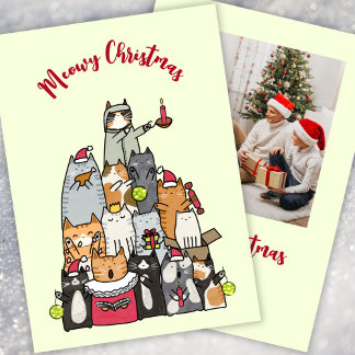 Custom Cute Meowy Christmas Cartoon Cats Photo Feestdagenkaart