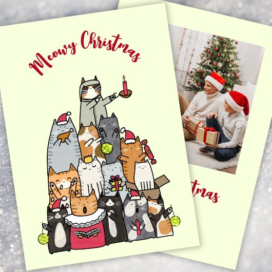 Custom Cute Meowy Christmas Cartoon Cats Photo Feestdagenkaart