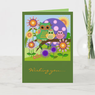 Custom Cute Owls Floral Birthday card w Text Kaart