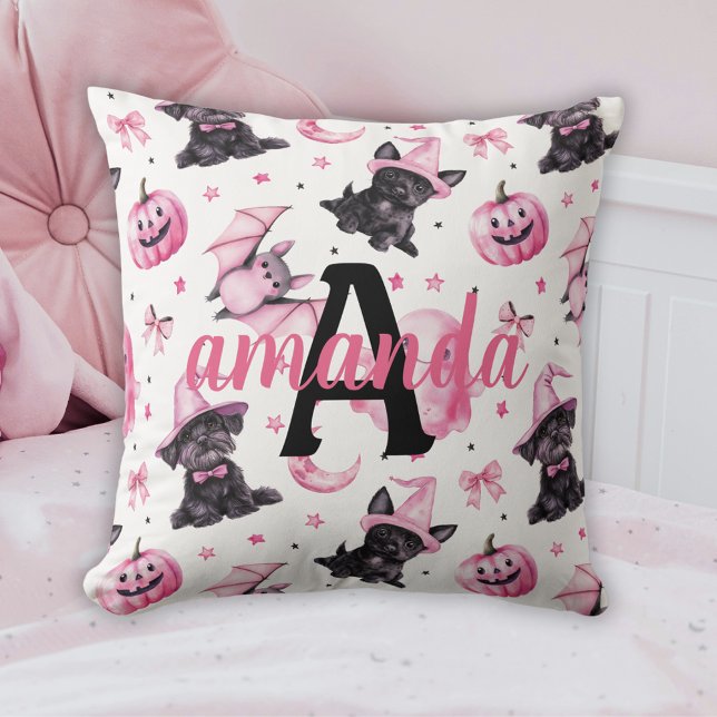 Custom Cute Pink Halloween Pattern With Black Dogs Kussen (Custom Cute Pink Halloween Pattern With Black Dogs Throw Pillow)