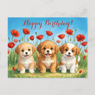 Custom Cute Puppies & Red Poppies Happy Birthday Feestdagenkaart