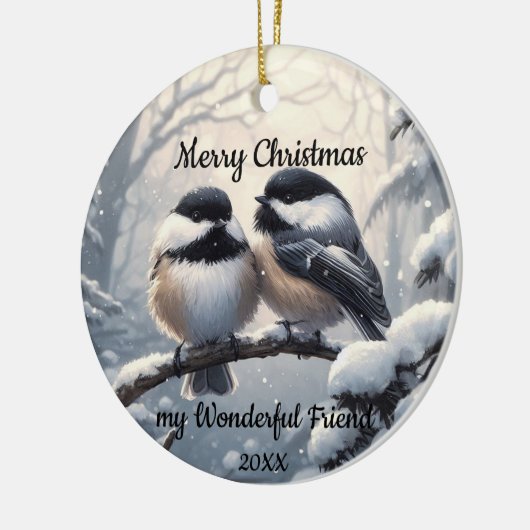 Custom Dated Christmas Vriend Chickadee Vogels Keramisch Ornament (Links)