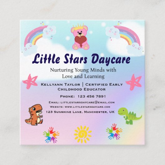 Custom Daycare Business Card | Cute Pastel Rainbow Vierkante Visitekaartje (Voorkant)