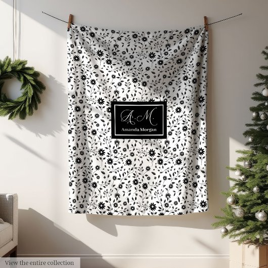 Custom Decorative Blanket Black White Wildflowers Fleece Deken