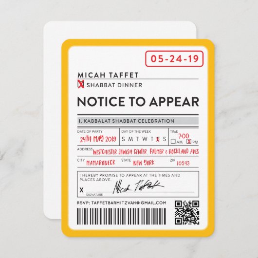 CUSTOM DESIGN Bar Mitzvah New York Ticket Kaart (Voorkant / Achterkant)