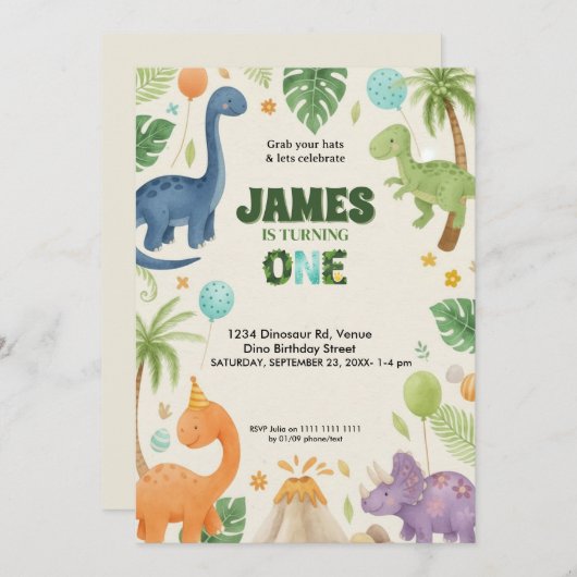 Custom Dino Jungle 1st Birthday Invitation (Devant / Derrière)