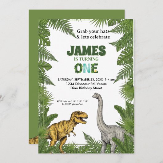 Custom Dinosaur Jungle 1st Birthday Invitation (Devant / Derrière)