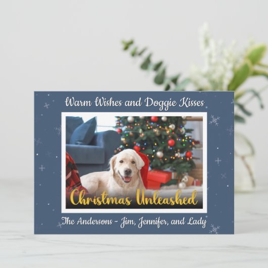 Custom Dog Photo Christmas Unleashed Feestdagenkaart (Staand voorkant)