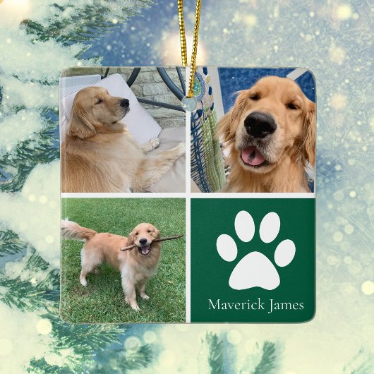 Custom Dog Photo Collage Cute Green Pet Christmas Keramisch Ornament
