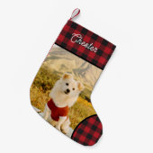 Custom Dog Photo & Name Buffalo Plaid Kleine Kerstsok (Voorkant (Hangend))