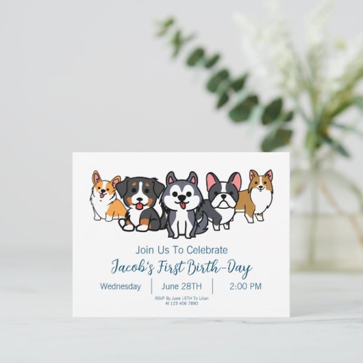 Custom-Dog Puppy Verjaardagsfeestje Paw-ty Uitnodi Uitnodiging Briefkaart (Staand voorkant)