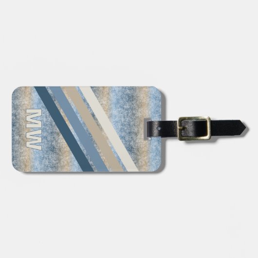 Custom Donkerblauw Grijs Taupe Bruin Strepen Patro Bagagelabel (Voorkant horizontaal)