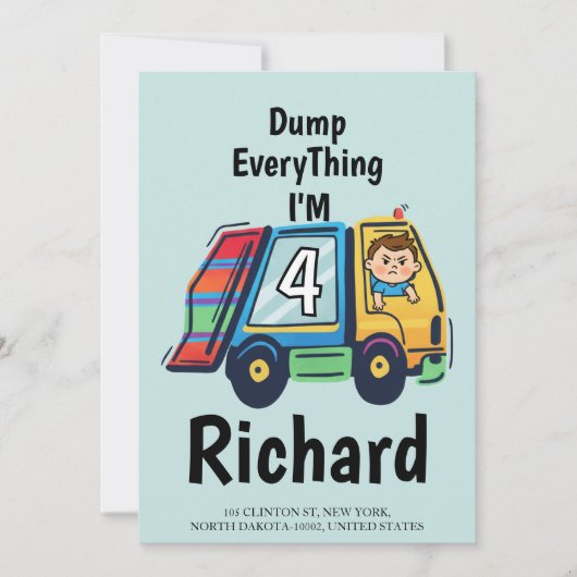 Custom Dump Everything! I'm 4 Garbage Truck Birth Kaart (Voorkant)