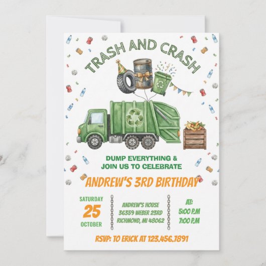 Custom Dump Truck Trash Bash Birthday Invitation (Devant)