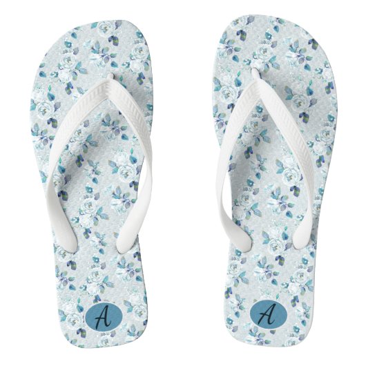 Custom Dusty Blue Bloemen Patroon Monogram Teenslippers (Voetbed)
