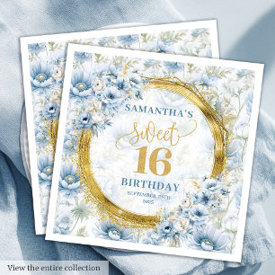 Custom Dusty Blue Sweet 16 Gold Glitter Verjaardag Servet