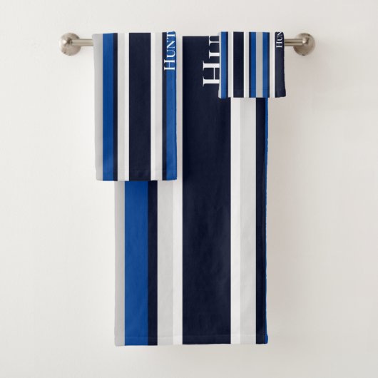Custom Eenvoudig Marine Blauw Gestreept Nautisch Bad Handdoek (Insitu)