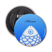 Custom Eenvoudige Koi Karper Vis Blauw Wit Abstrac Button Flesopener (Voorkant)