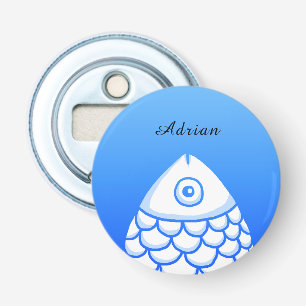 Custom Eenvoudige Koi Karper Vis Blauw Wit Abstrac Button Flesopener