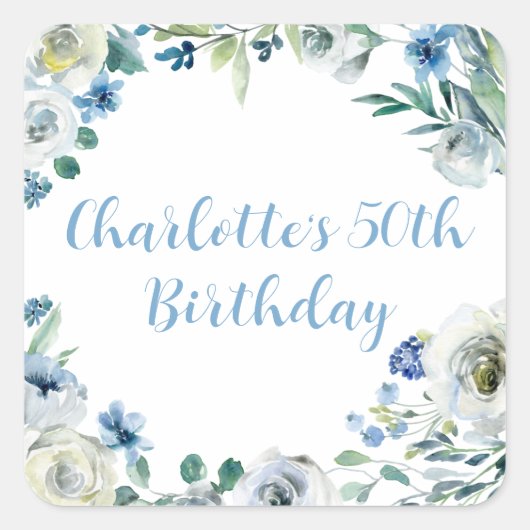 Custom Elegant Blauw Wit Bloemen Verjaardagsfeest Vierkante Sticker (Voorkant)