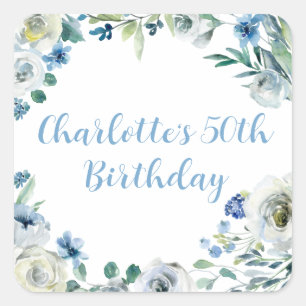 Custom Elegant Blauw Wit Bloemen Verjaardagsfeest Vierkante Sticker