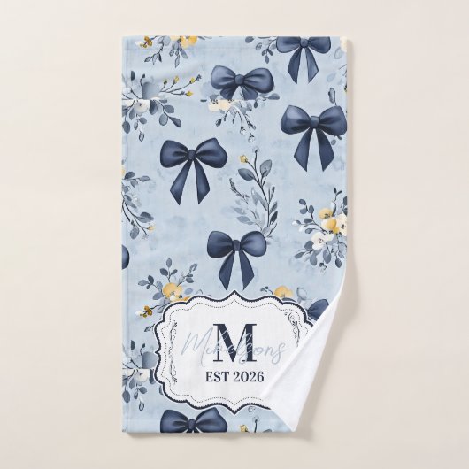 Custom Elegant Blue Bow Floral Monogram (Serviette à main)