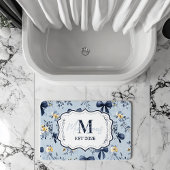 Custom Elegant Blue Bow Floral Monogram Badmat