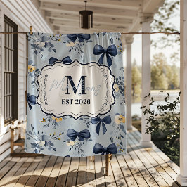 Custom Elegant Blue Bow Floral Monogram Fleece Deken