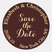 Custom Elegant Bruin Goud Bruiloft Save the Date Ronde Sticker (Voorkant)