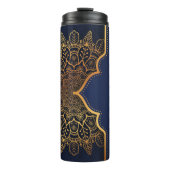 Custom Elegant Donkerblauw Faux Goud Mandala Thermosbeker (Voorkant)