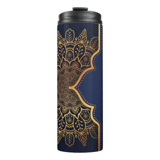 Custom Elegant Donkerblauw Faux Goud Mandala Thermosbeker (Voorkant)