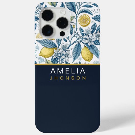 Custom Elegant Mediterranean Lemon Botanical Navy Case-Mate iPhone Case (Achterkant)