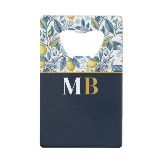 Custom Elegant Mediterranean Lemon Botanical Navy Kredietkaart Flessenopener
