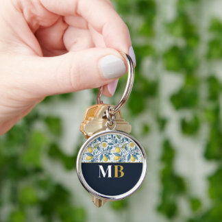 Custom Elegant Mediterranean Lemon Botanical Navy Sleutelhanger