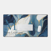 Custom Elegant Monogram Navy Blauw Wit Marmer Bureaumat (Keyboard & Muis)