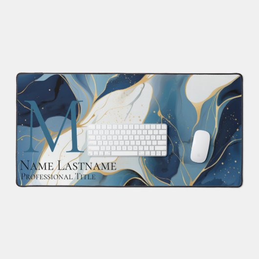 Custom Elegant Monogram Navy Blauw Wit Marmer Bureaumat (Keyboard & Muis)