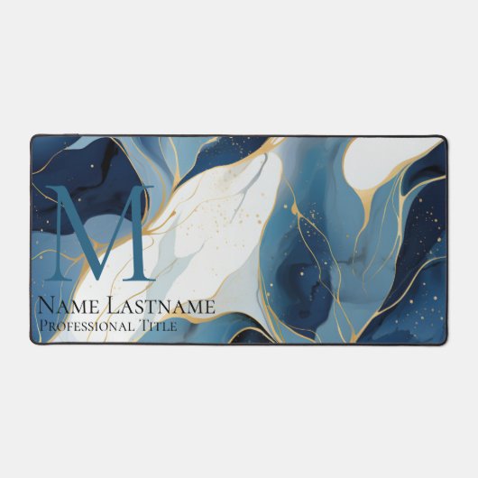 Custom Elegant Monogram Navy Blauw Wit Marmer Bureaumat (Voorkant)