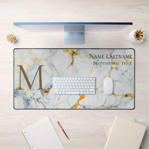 Custom Elegant Monogram Wit Goud Brons Marmer Bureaumat