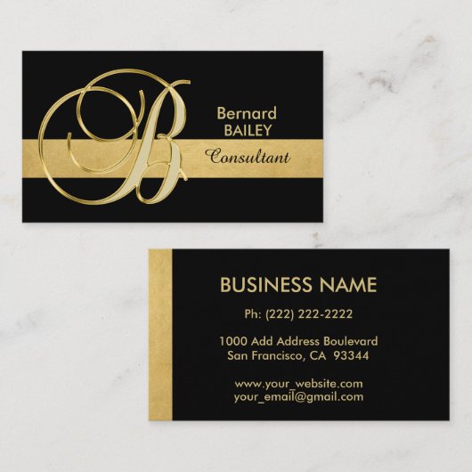 Custom Elegant Monogrammed Goud Zwart Initiaal 'B' Visitekaartje (Voorkant / Achterkant)